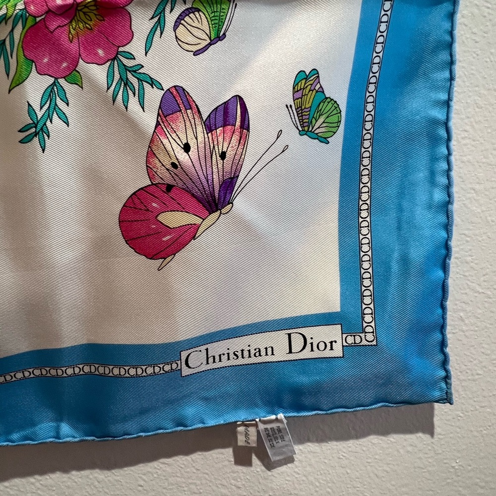 Dior Silk Scarf with Pink and Green Butterfly Design - Picture 4 of 14